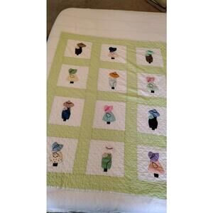 Vtg 1970s  Handmade Dutch Doll Sunbonnet Sue Quilt 54x42 Cottagecore